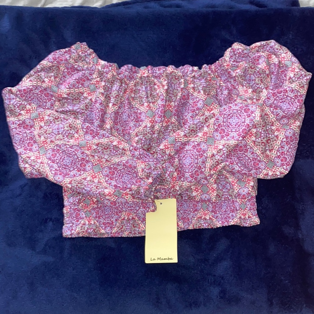 Live to be spoiled purple,pink and blue patterned top